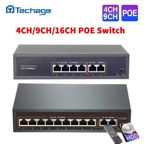 Techage 4CH 9CH 16CH 52V Network POE Switch With 10/100Mbps IEEE 802.3 af/at Over Ethernet IP Camera