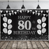 Happy 80th Birthday Party Banner Backdrop Black Silver 80th Birthday Party Decorations for Men Women