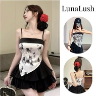 LunaLush Good Quality Shirt Women's Clothing Spaghetti Strap Top Tight Fit Leaf Pattern Details Slee