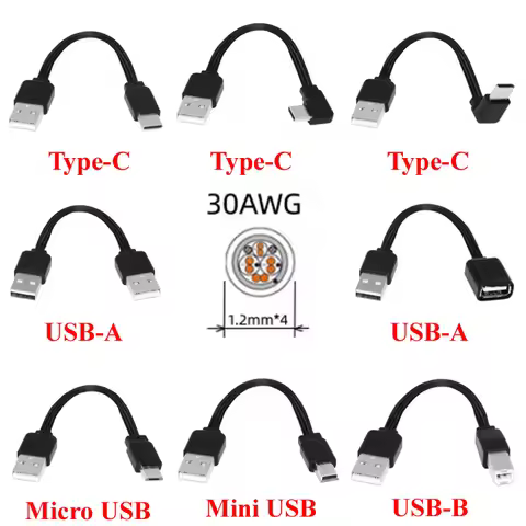 Black 0.1M Type-C USB-A B C Mini Micro USB Male to USB-A 2.0 Male Soft silicone sheath flat Short Da