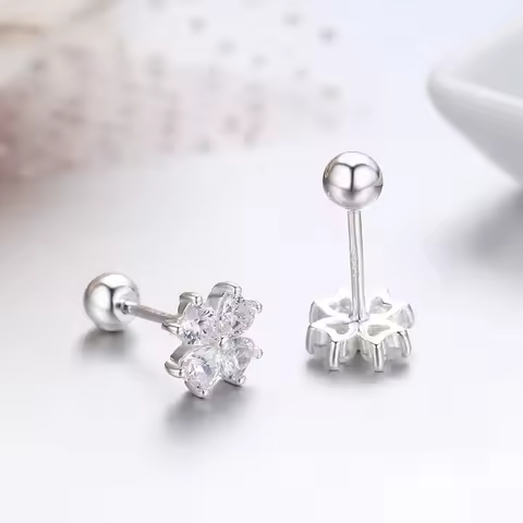 Cute 925 Sterling Silver Four Petals Heart Pink CZ Flower Screw Stud Earrings For Women Girls Toddle