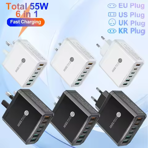 Total 55W PD USB Charger Fast Charging 6 Ports Quick Charge 3.0 Travel Charger For iPhone Samsung Hu