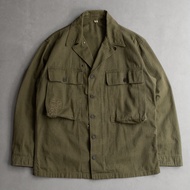 < White Wood 11 > US ARMY HBT FATIGUE SHIRT 13 Star Button Green Herringbone Pattern Long Sleeve B