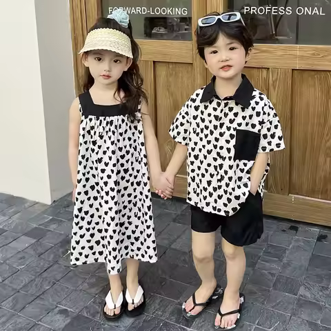 Brother Sister Look Summer Love Printed Kids Baby Girls Sleeveless Dress Loose Polo Shirts+black Sho