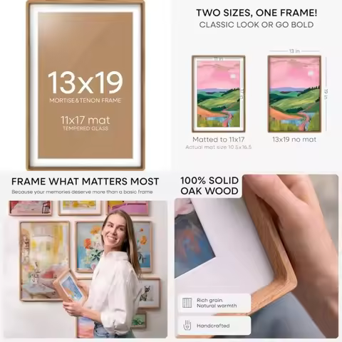 13x19 Frame Natural Wood, Mortise & Tenon Light Oak 13 x 19 Picture Frames with Mat 11 by 17 for Wal