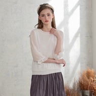 [CUMAR] Ruffled Collar Embroidered Neck Top White Pink
