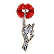 Sexy Red Lips Brooch Rhinestone Quiet Gestures Statement Brooches Lapel Pins Elegant Dress Accessori