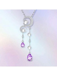 女士項鍊,時尚s925銀,紫色水晶,彩色寶石,淡水珍珠吊墜,毛衣鍊,女孩理想禮物