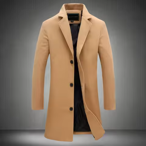 Autumnal Wool Ble Trench Coat Parka Jaet for Men Faionable Urban Cotton Blend Single-Button Closure 