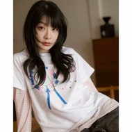 เสื้อยืด Mappi Ribbon Heart Freesize Cotton 100% 210gsm ลายริบบิ้นหัวใจพาสเทล สีขาว