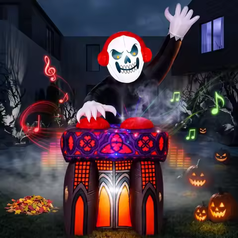 6FT DJ Skeleton Inflatable Decoration with Music Speaker & Music Track, Spooky Halloween Blow Up Dec