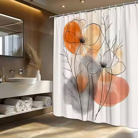 1pc Minimalist Floral & Abstract Branches Shower Curtain - Warm Tones, 70x70", Polyester, 12 Hooks, 