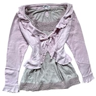 Ruffle Soft Pink Front Ribbon Fairycore V Neck Cardigan + Eyelet Babydoll Squareneck Bohemian Top | 