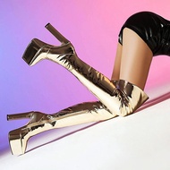 Golden European-American Boots for Women - Thick Heel Ideal for Night Shows