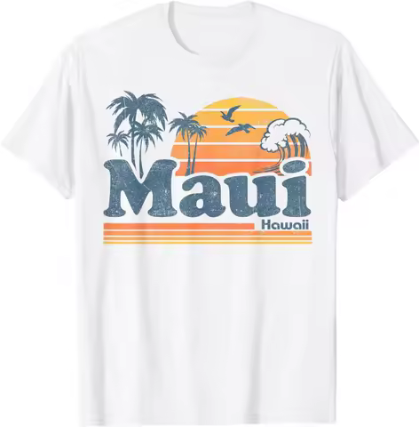 Hawaii Vintage Surf Sunset Palm Tree Graphic Tee Men Casual Beach Trip T-Shirt