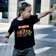 Roblox พิมพ์เสื้อแขนสั้นการ์ตูนฤดูร้อนเสื้อยืดคอกลมสีดำออกแบบแฟชั่นเด็กชายด้านบนเสื้อผ้าเด็กบราเดอร์