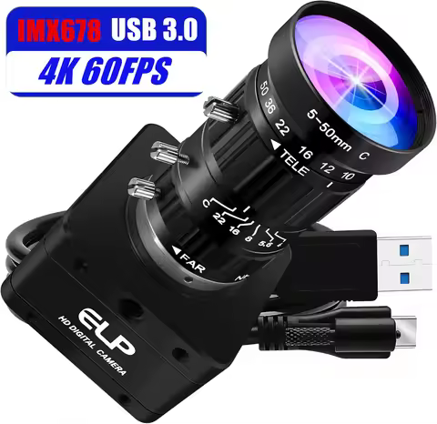 ELP New 4K 60FPS Webcam USB 3.0 IMX678 Low Light Streaming Camera with 10X Zoom 5-50mm Lens for PC C