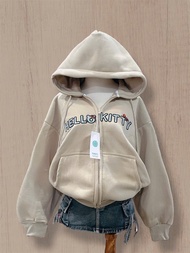 ÁO KHOÁC HOODIE NỈ NỮ THIẾT KẾ KHÓA KÉO THÊU CHỮ HELLOKITTY CÓ TÚI TRONG MẪU MỚI