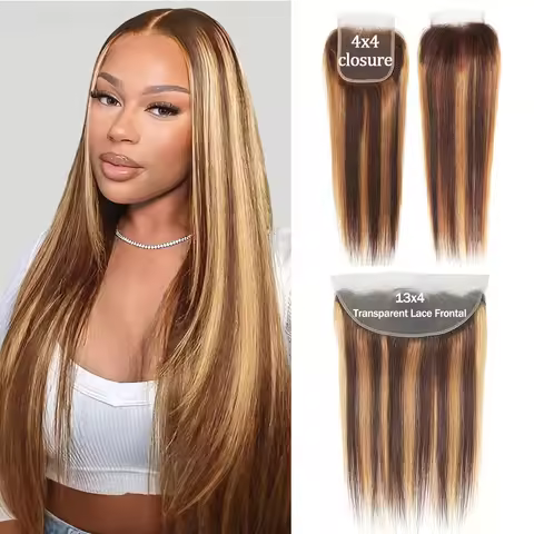 P4/27 Highlight Straight 13x4 Lace Frontal Only 4x4 Transparent Swiss Lace Brazilian Human Hair Pre-
