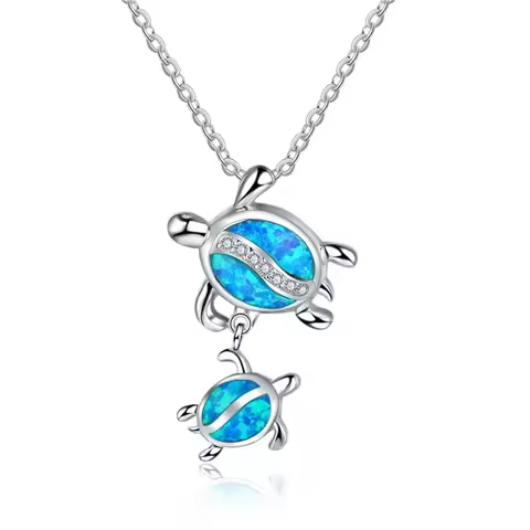 Bohemia Charm Turtle Pendant Necklace For Women Inlay Crystal Blue Imitation Opal Necklace Jewelry G
