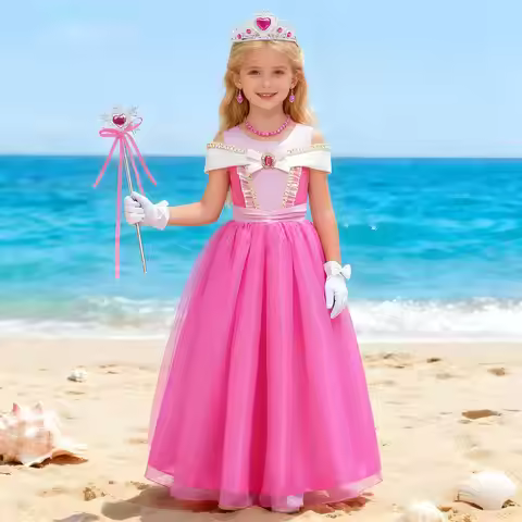 Girls Sleeping Beauty Cosplay Dress Long Sleeve Off Shoulder Kids Christmas Party Princess Clothing 