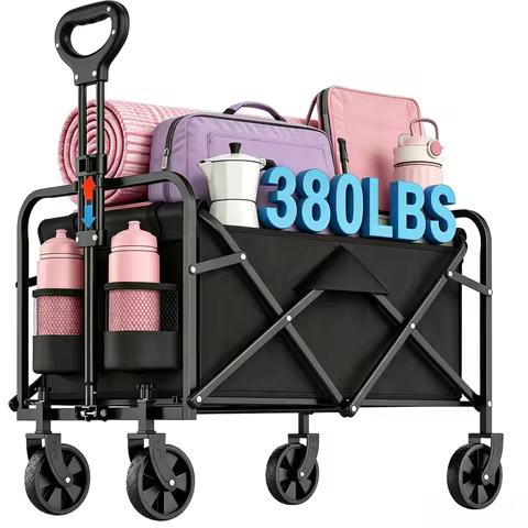 380LBS Capacity Folding Garden Wagon, Heavy Duty Utility Cart with Adjustable Handle, Portable All-T