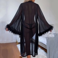 2025 European and American Summer New Style Imitation Silk Feather Long Sleeve Pajamas Robe Comforta