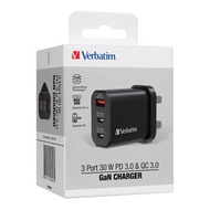 Verbatim 3 端口 30W PD 3.0 & QC 3.0 GaN 充電器