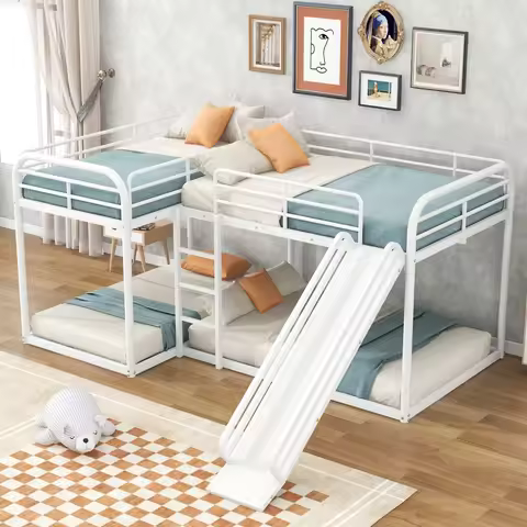 Full and Twin Size L-Shaped Bunk Bed with Slide and Short Ladder, White Bunk Bed with Slide Bunk Bed