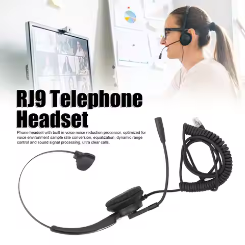 RJ9 Telephone Headset Noise Canceling Single Sided Spring Wire Headphone with Mic for Office Call Ce