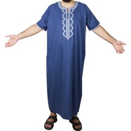 Embroidery Muslimah Men's Jubah Putih lelaki Short Sleeved Kurta Set Kolar Baju Melayu Robe