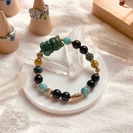 招財貓手鍊 玉化阿拉善雕刻 黑髮晶 天河石 水草瑪瑙 沙佛萊 瑪瑙