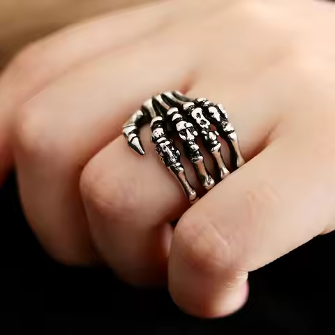 Stainless Steel Skull Rings Gothic Skull Skeleton Hand Bone Finger Punk Rock Ring Hand Bone Rings