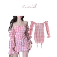 Amiera DR355 Dress Mini Sabrina Korean Style Gaun Pendek Casual Wanita Midi Baju Hitam Panjang Katun