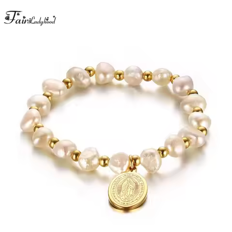 FairLadyHood 16CM Stainless Steel Virgin Mary Logo Pearl Bracelet Ladies Beads Bracelet