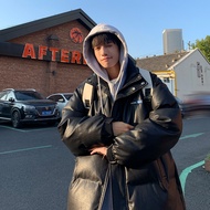 Korean Style Hooded Cotton Jacket with PU Leather Trim - Men's Hi-Hop Winter Streetwear