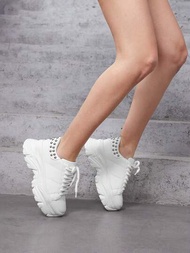 SHEIN ICON 女運動鞋時尚休閒鞋,厚底,白色,鉚釘,繫帶,y2k Pu材質,街頭風格
