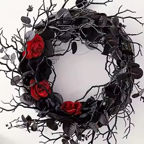 15.7In Halloween Door Wreath Eucalyptus Leaves Red Rose Black Happy Halloween Wreath Artificial Wrea
