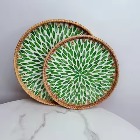 Boho Round Wicker Serving Tray with Mother of Pearl Inlay Base Decorative Rattan Tray for Coffee Bre