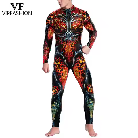 VIP FASHION Man Costume Blood Skeleton Printed Catsuit Front Zipper Carnival Zentai Suit Party Jumps