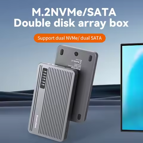 Blueendless 2 Bay RAID M.2 SATA M.2 NVME SSD Enclosure,Aluminum Dual Bay NVMe RAID SSD Case Support 