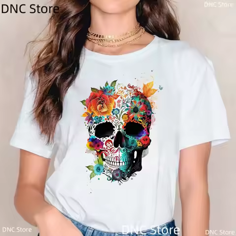 Halloween Women Tshirt Hand Drawn Watercolor Sugar Skull Graphic Print Tshirt Femme Fashion Trend Ha