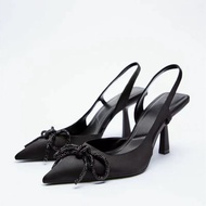 Zara2022 Autumn Black Bow-Ornaments High-Heeled Stiletto Heel Pointed Toe Women's Shoes Design Niche Fashion