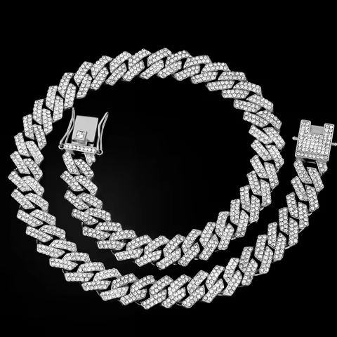 Iced Out Cuban Link Chain 2 Row Diamond Cuban Chain Rhombus Prong Cuban Choker Necklaces Women Men H