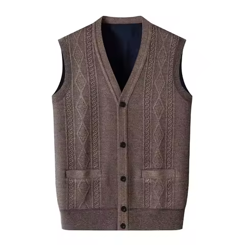 Men's Sweater Vest V-Neck Sleeveless Knitted Cardigan Solid Color Argyle Vest Knitted Sleeveless Jac
