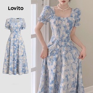Lovito Vintage Baroque Contrast Mesh Round Spring/Summer Gray Blue Dress for Women L134LD203