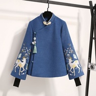 สไตล์จีนใหม่ผู้หญิง Hanfu ชาเสิร์ฟ 2 ชิ้นชุดฤดูใบไม้ร่วงฤดูหนาวศิลปะพื้นบ้านปัก Tang ชุดด้านบนและกระ