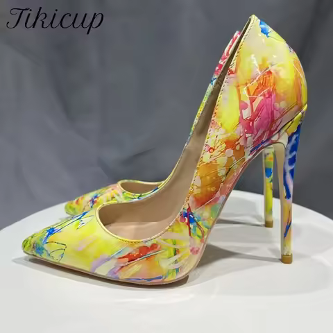 Tikicup Hawaii Style Women Oil Painting Printed Patent Pointed Toe High Heels Fashion Ladies Stilett