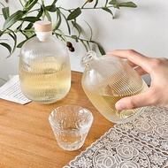 Transparent Striped Round Glass Bottle, wooden stopper, capacity 375ml/500ml