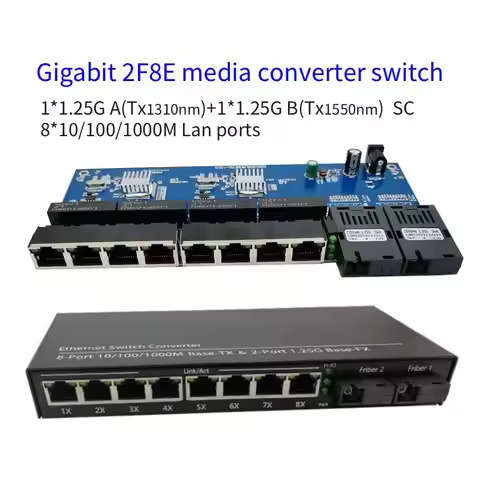 Gigabit Fiber 2F8E Ethernet switch Fiber Optical Media Converter 2 SC 8 Port RJ45 10/100/1000Mbps 13
